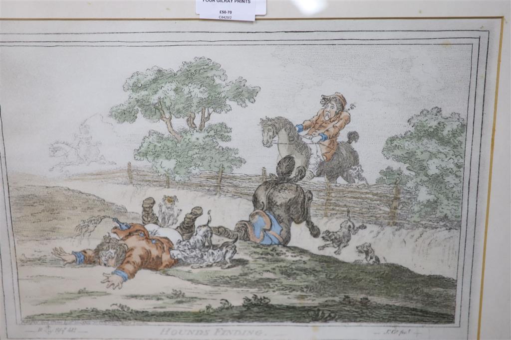 After Gilray, set of 4 coloured engravings (reprints), Hunting scenes, 26 x 38cm.